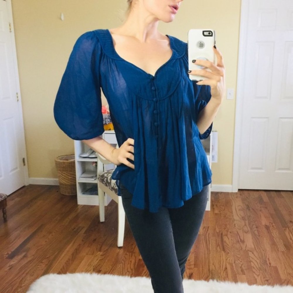 French Connection Flowy Chiffon Navy Boho Blouse